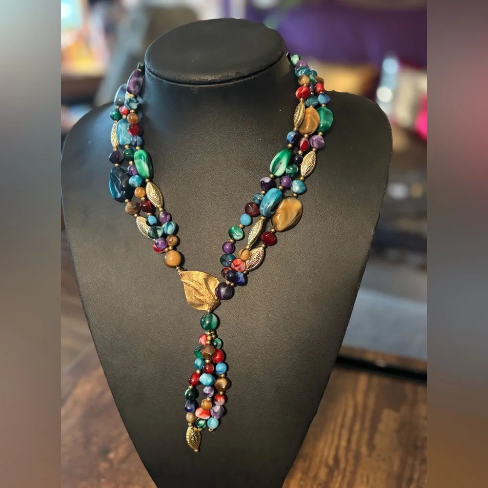VINTAGE Genuine Lucite Statement Necklace • Gold Leaf Drop • Colorful Boho Luxe - Picture 1 of 16